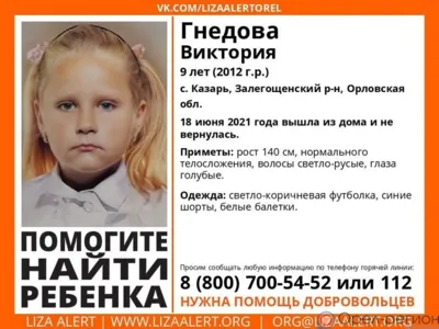 За информацию о местонахождении орловчанки Виктории Гнедовой обещают полмиллиона рублей