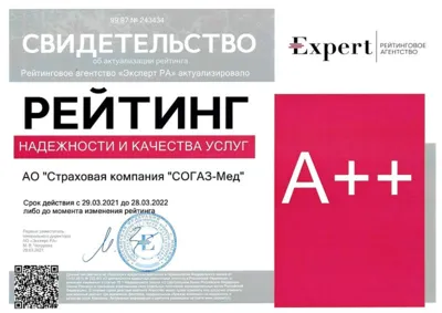 «Эксперт РА» подтвердил рейтинг страховой компании «СОГАЗ-Мед» на уровне А++