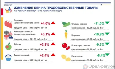 Динамика цен на продукты питания по данным Орёлстата на 16 августа